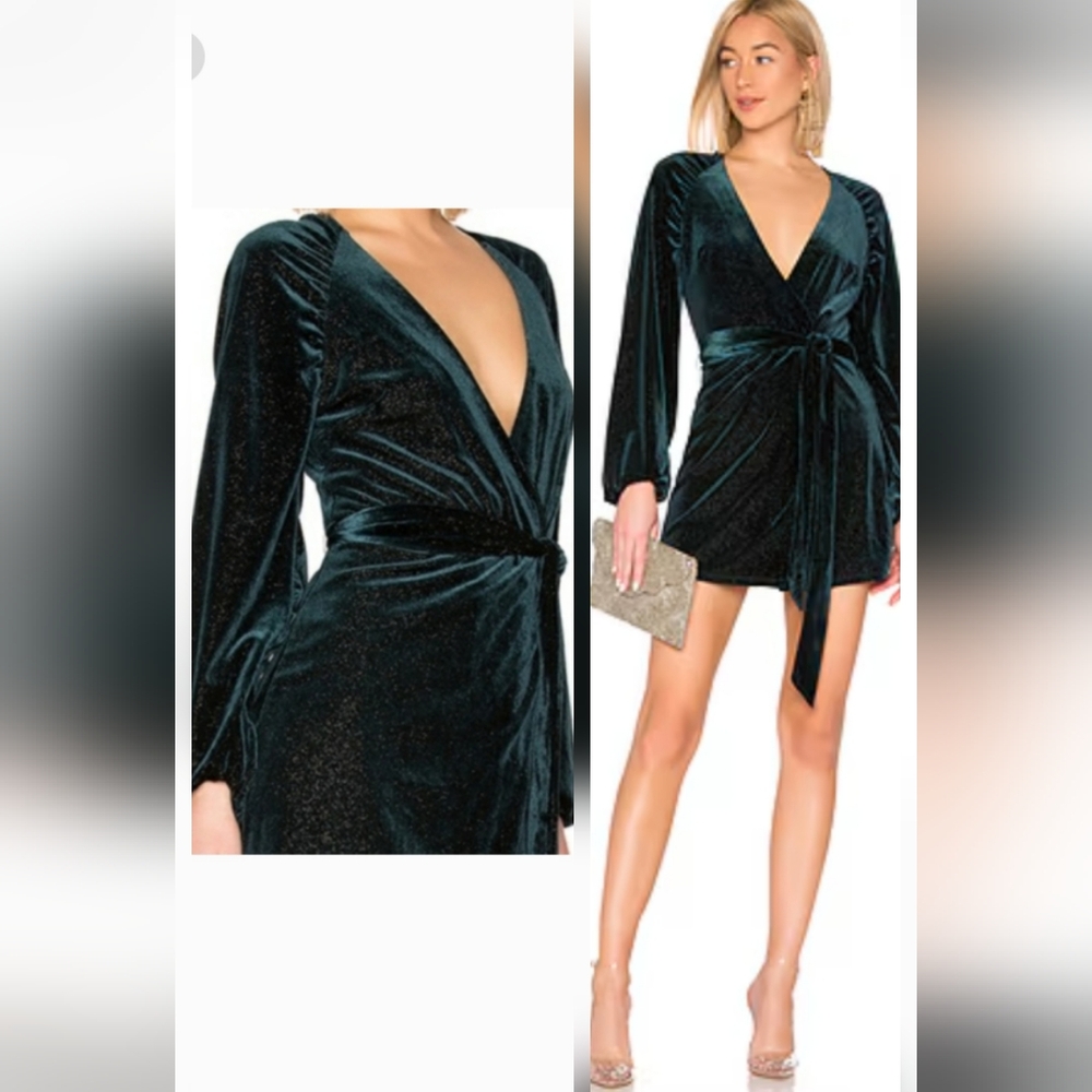 NWT Lovers And Friends Revolve  Velvet Wrap Dress in Emerald Green XXS Sparkle
